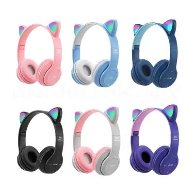 Wireless Headphones Cat Ear Gaming Headset Glow Light Bluetooth-Compatible Helmets Cute Over-Ear