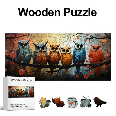 Owl Family Wooden Puzzle, Uniquely Irregular Animal Shaped Wooden Jigsaw Puzzles - A Creative Gift