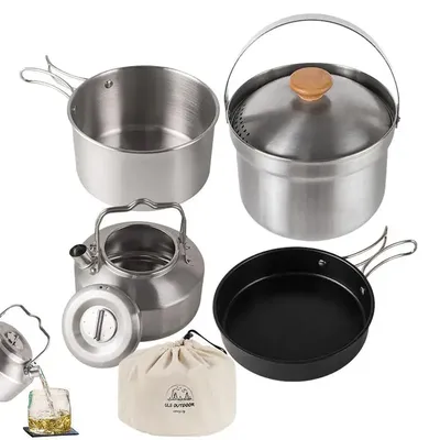 Camp Cookware Set 4pcs Outdoor Camping Pots And Pans Hiking Backpacking Stainless Steel Nonstick