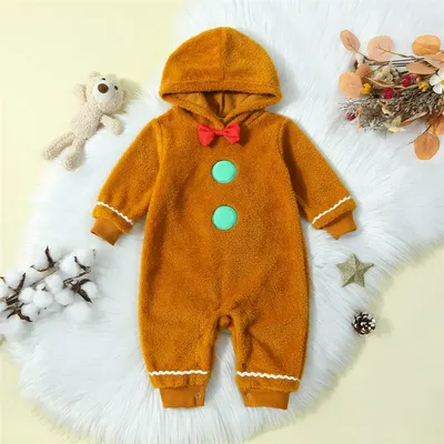 2023-07-20 Lioraitiin 0-24M Infant Baby Boy Girl Christmas Fuzzy Jumpsuit Gingerbread Man Cute