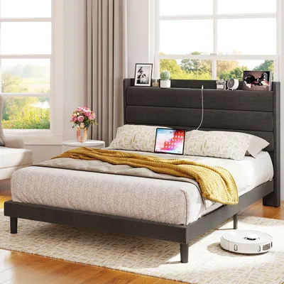 Queen Size Bed Frame, Storage Headboard with Outlets, Sturdy and Stable, No Noise, No Box Springs