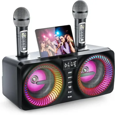 Karaoke Machine for Kids Adults, Portable Bluetooth Speaker with 9 Modes LED Lights,Lyric Display&2