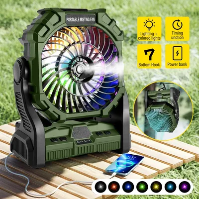 Wireless Camping Fan 4LED 7colors Light Control Electric Fan with 360°Rotation Hanging Hook, Portable Misting Humidifier
