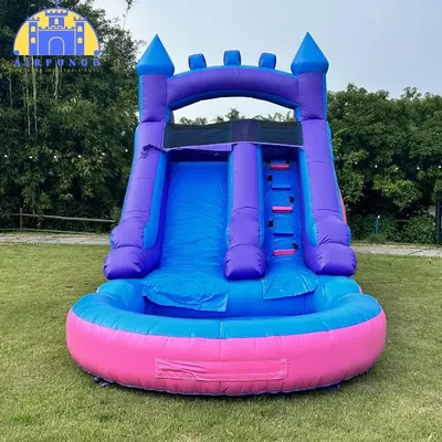 21ft Commercial Grade Navy and Purple Inflatable Water Slide with Splash Pool Bouncy Castle for Adults and Kids Includes Blower