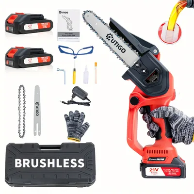 OUTIGO 8 inch brushless chainsaw with two 21v battery, portable pruning chainsaw for garden and orchard cutting