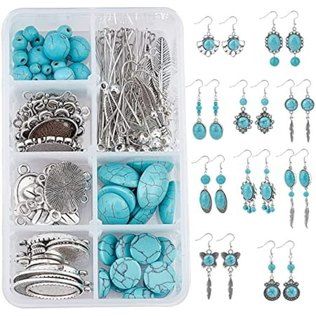 DIY 10Pairs Turquoise Bead Earrings Making Kit Alloy Enamel Leaf Pendants Charms with Turquoise Beads Eye Pin & Earring Hooks for DIY Earring Jewelery Making Antique Silver