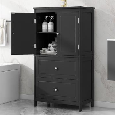 Black Bathroom Storage Cabinet with Two Doors, Drawers, and Adjustable Shelf