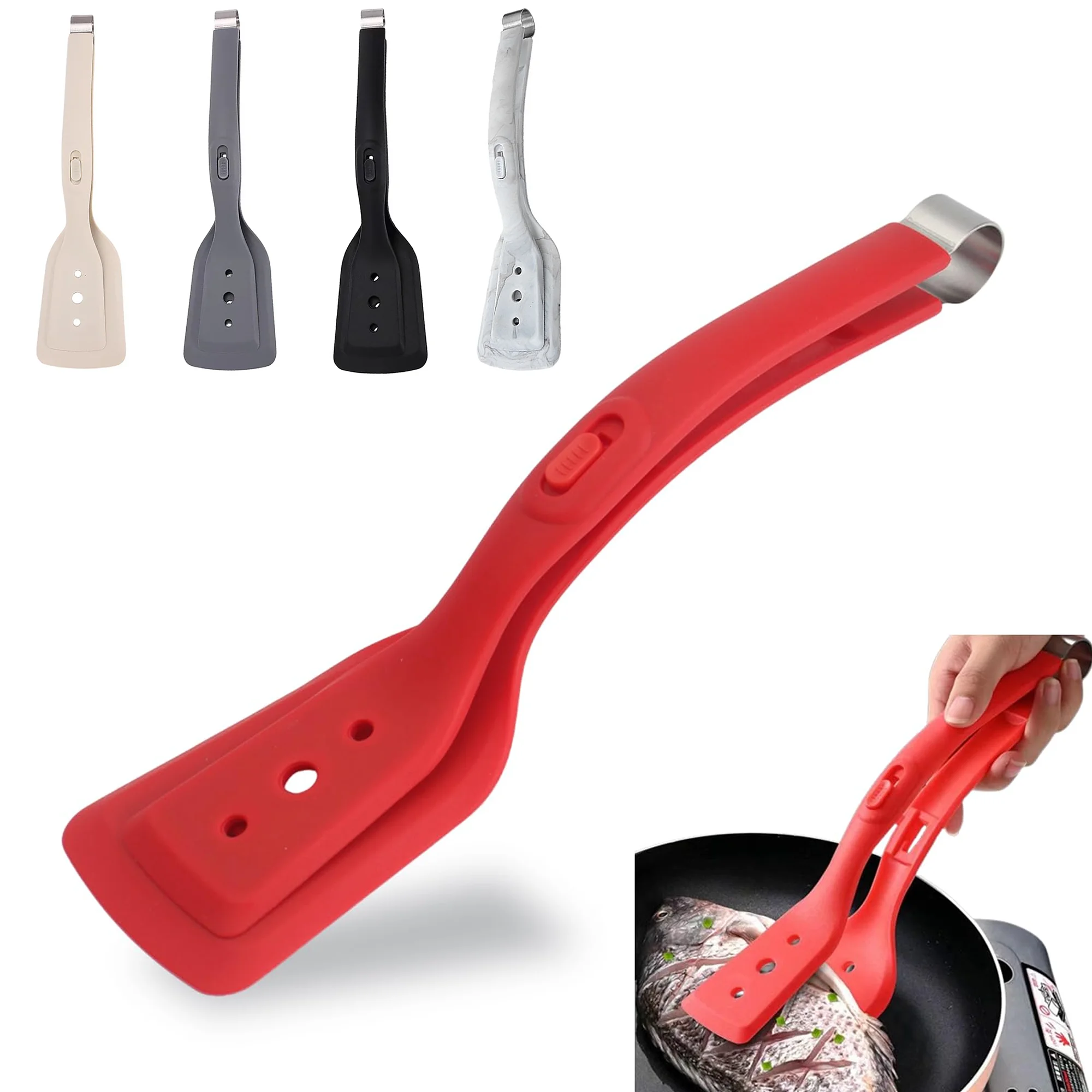 Mehrzweck-2-in-1-Silikonklemmenspatel und Zange, Omelettenspatel, gebratene Steakklemme, umklappbarer Fischgreifer, Brotklemme Image