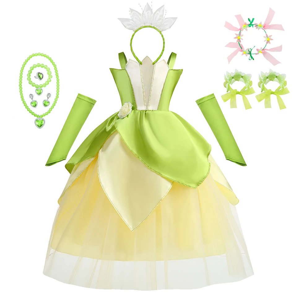 Tiana Cosplay Kleid mit Krone Prinzessin Verkleidung Kostüm Halloween Fantasy Kinder elegantes Kleid Bühnen-Sets Image