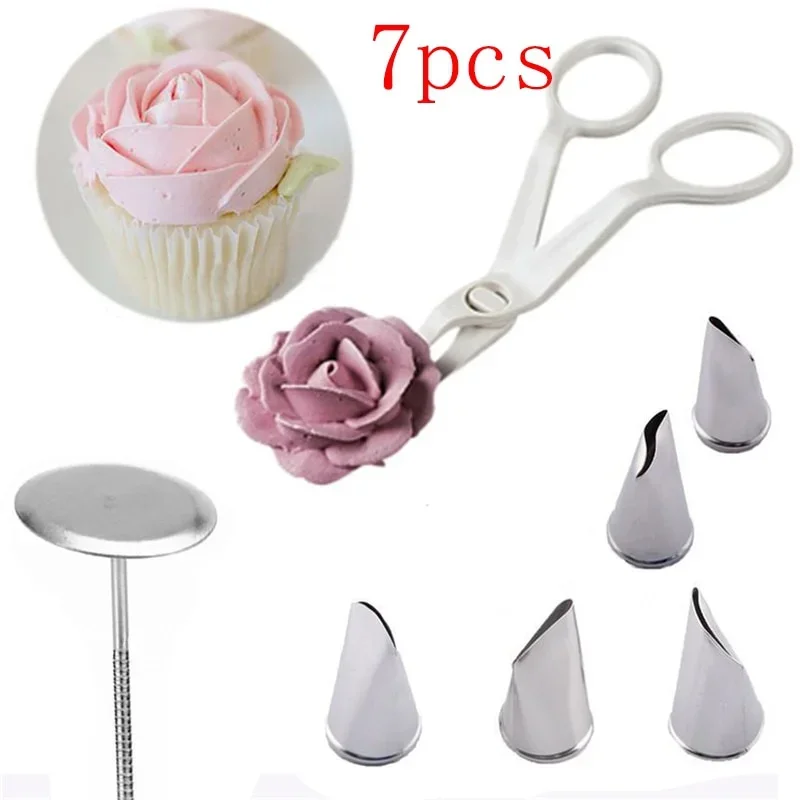 7 Teile/satz Blume Schere + Kuchen Tablett + 5 stücke Tulpen Rose Düse Nagel Dekor Heber Fondant Creme Transfer Backen gebäck Küche Image