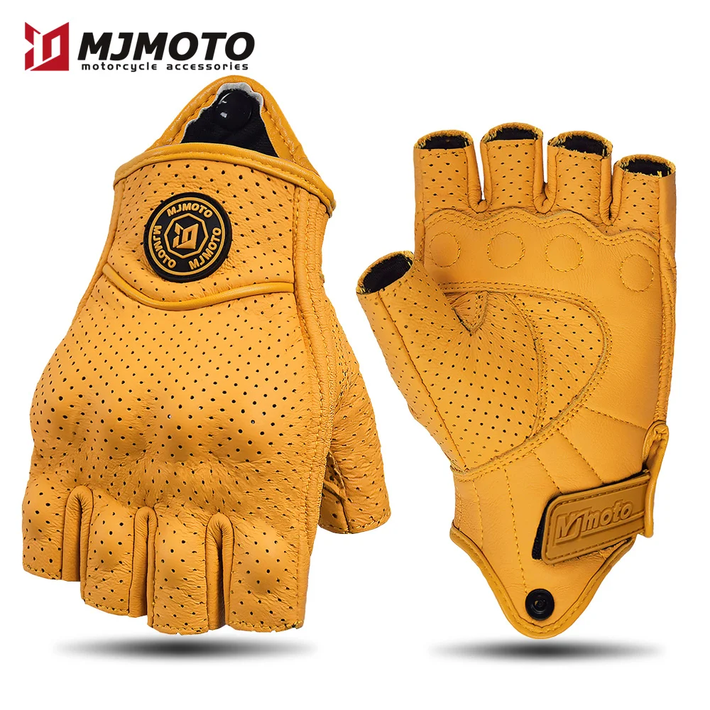 MJMOTO Retro Leder Motorrad Halbfingerhandschuhe Touchscreen Motocross Handschuhe Hartschalenschutz Motorradhandschuh Atmungsaktiv Image