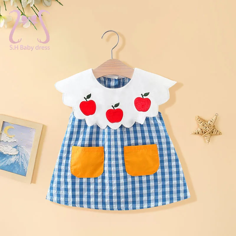 Säuglinge Apfels tickerei Sommer ärmellose Kleider Baby Mädchen blau Gitter Kostüm zwei Taschen Kleinkind Kind Kleid Kinder Kleidung Image