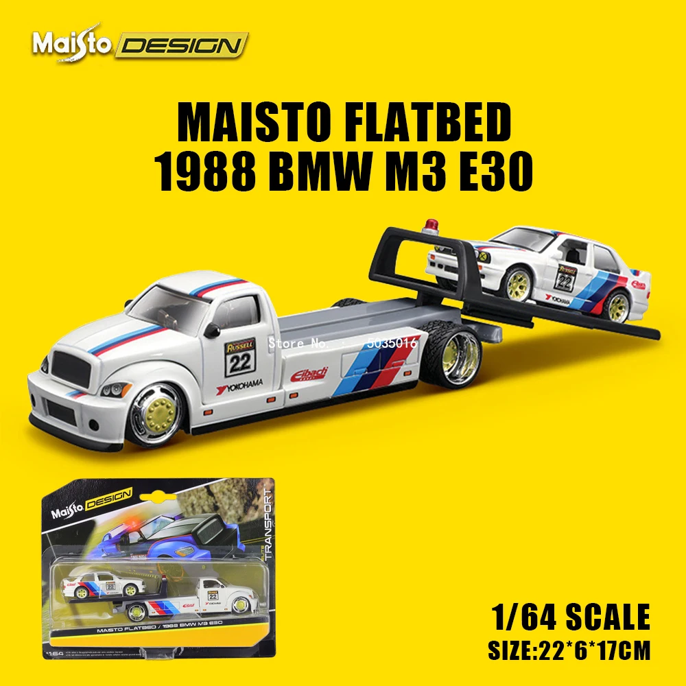 Maisto 1:64 1988 BMW M3 E30 1957 Chevrolet Flatbed Design Elite Transport Druckguss Präzisionsmodellauto Modellsammlung Geschenk Image