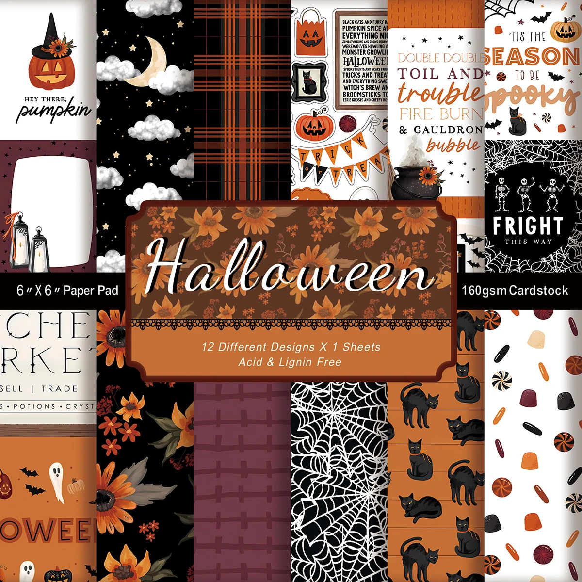 12 Blatt lebendiges Halloween-Scrapbook-Papierblock, 15,2 x 15,2 cm, einseitiges Decoupage-Papier für DIY-Handwerk, Tagebuch, Scrapbook-Zubehör Image