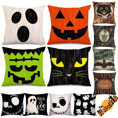 4 Stück Halloween-Kissenbezüge, 45,7 x 45,7 cm, Leinenmischung, Dekokissenbezug, Kürbis, Katze, Image