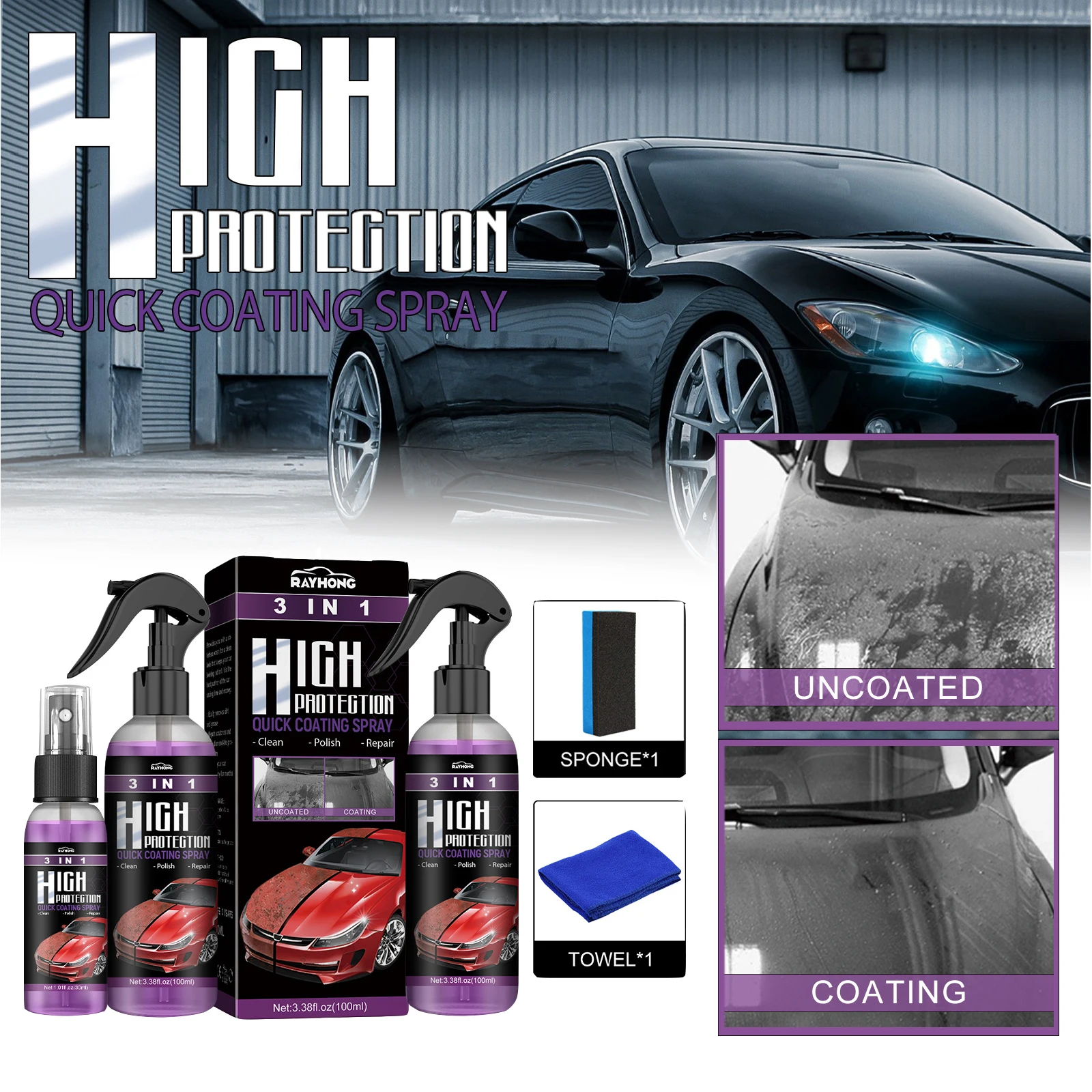 300/200/100 ml Rayhong 3-in-1-Hochschutz, schnelle Auto-Beschichtung, Spray, Reinigung, Reparatur, Polieren, Sprühlack, Keramikbeschichtung Image
