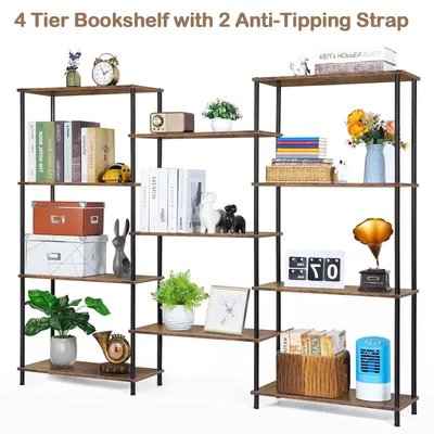 Triple Wide 4 Tier Bookshelf, Industrial Style Bookcases with 11 Open Display Shelves, Open Large