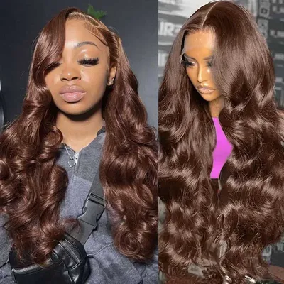 Chocolate Brown 13x6 Lace Front Wig Human Hair 200 Density Body Wave #4 Colored Human Hair 13x4 Lace