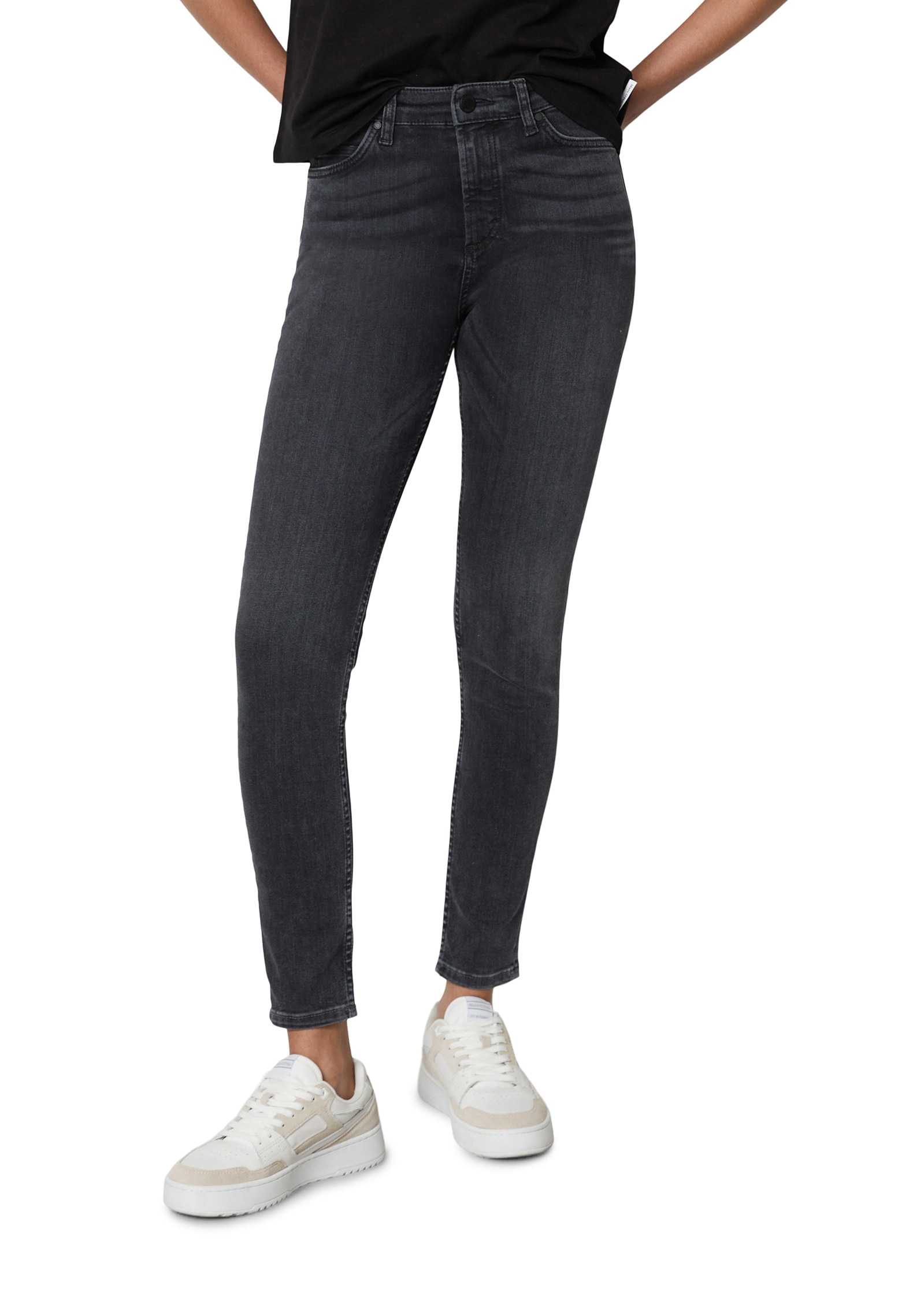 Skinny-fit-Jeans MARC O'POLO DENIM "aus Bio-Baumwoll-Mix", Damen, Gr. 33, Länge 34, bunt (dunkelgrau), Obermaterial: 70% Baumwolle, 24% Polyester, 6% Elasthan, unifarben, skinny fit knöchellang, Jeans Image