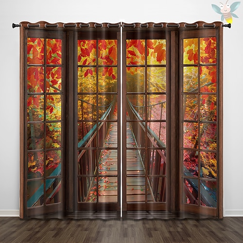 Perforierte Verdunkelungsvorhänge für Fenster, Wald, schöne Landschaft, Isolierung, Außenbalkon, Ruhe, Wohnzimmer, Heimdekoration, 2-teiliges Set, 3D-Digitaldruck Image