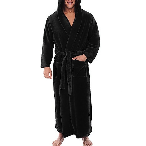 Herren Übergröße Schlafanzug Morgenmantel Bademantel Schlafanzüge Einfarbig Stilvoll Brautkleider schlicht Komfort Heim Täglich Flanell Komfort Warm Lange Robe Tasche Herbst Winter Schwarz Rote Image