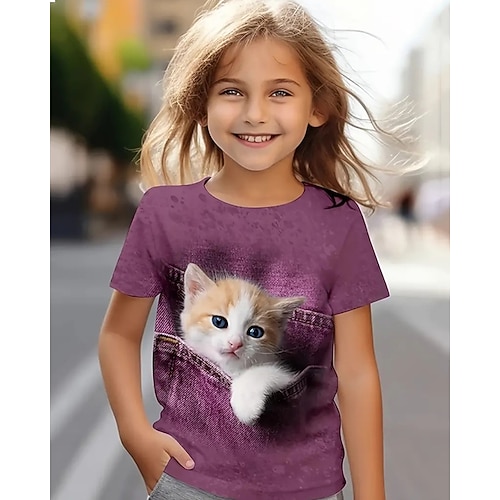 Mädchen 3D Graphic Tier Katze T-Shirt Kurzarm Sommer Frühling Modisch Basic kinderkleidung 4-12 Jahre Rundhalsausschnitt Outdoor Casual Täglich Regular Fit Image