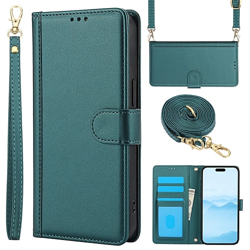 Handy Hülle Handyhüllen Für iPhone 16 15 14 Pro Max Plus 13 12 11 Pro Max Brieftaschenhülle Vollschutz mit Trageriemen Mit Handgelenkschlaufe Retro TPU PU-Leder Image