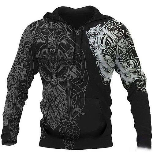 Herren Grafikdrucke Wikinger Kapuzensweatshirt Kapuzenshirts Pullover Täglich Klassisch Lässig Langarm Mit Kapuze Ferien Ausgehen Streetwear Schwarz Rote Blau Grün Druck Frühling Herbst Designer S Image