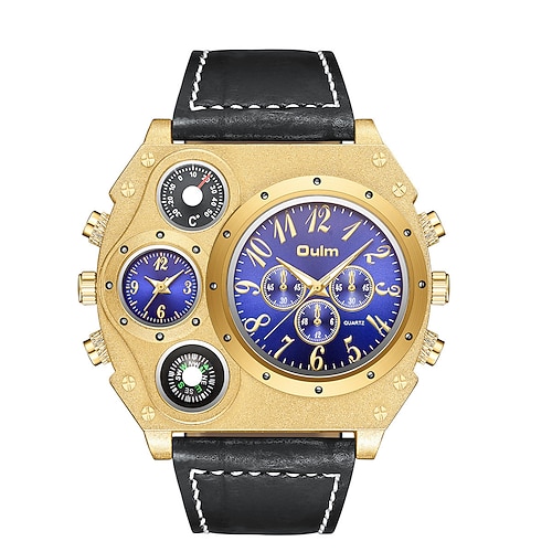 Oulm Große Ziffern Männer Uhren Luxusmarke Männliche Quarz Uhr Große Größe Herren Zwei Zeitzonen Leder Sport Armbanduhren Image