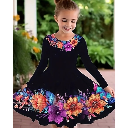 Ostern Mädchen' 3D Blumen Graphic Kleid Langarm Sommer Frühling Urlaub Täglich Festtage Schön Süß kinderkleidung 4-12 Jahre Casual kleid A Linie Kleid Knielang Regular Fit Image