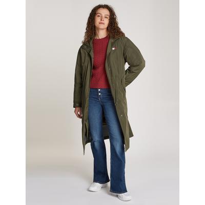 Trenchcoat TOMMY JEANS "TJW 2 IN 1 TECHNICAL COAT" Gr. S (36), grün (fatigue green) Damen Mäntel mit Logodruck