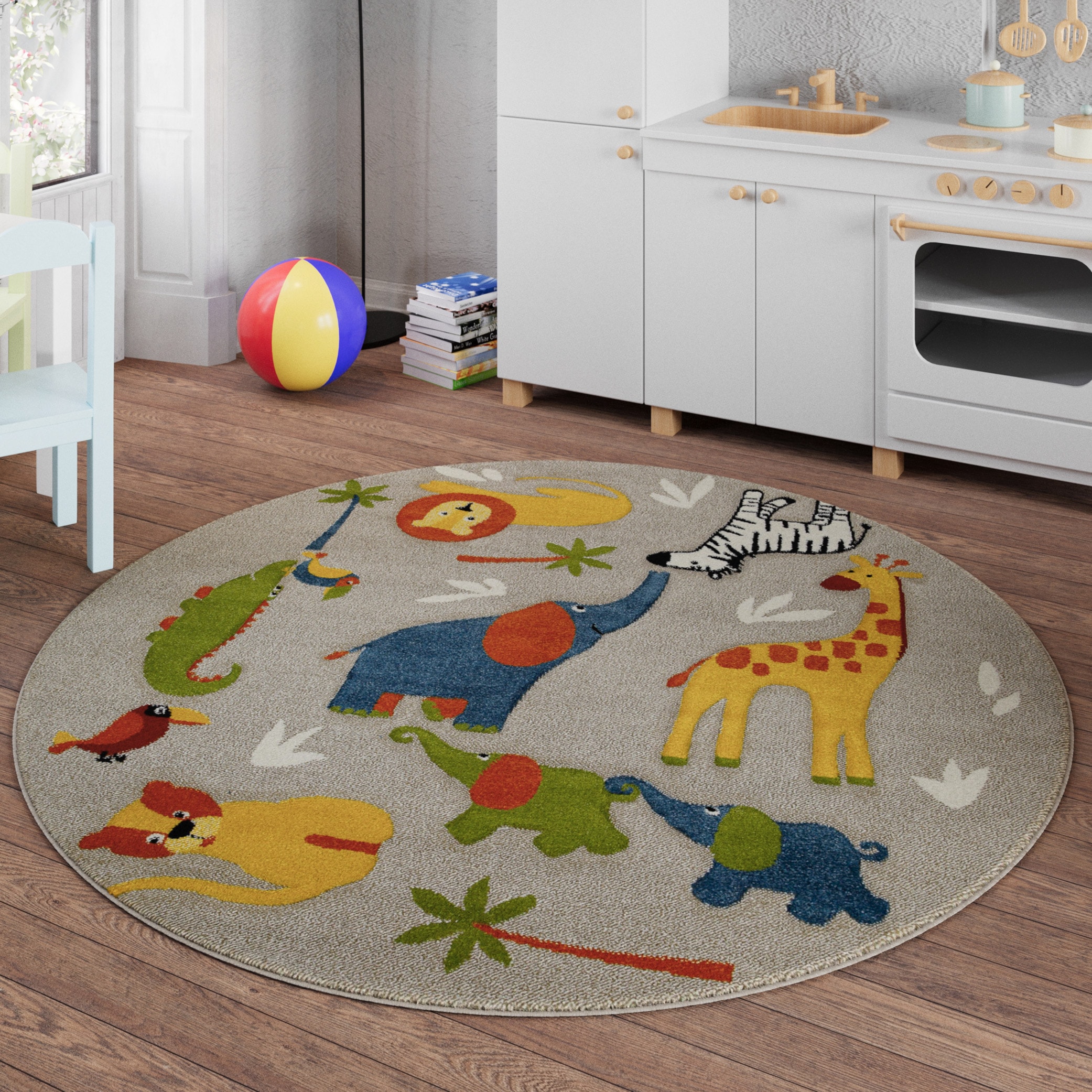 Kinderteppich SMART KIDS "Benny & Friends", beige (sand,beige,bunt), H:10mm Ø:160cm, Polypropylen, Teppiche, Kinderteppich, Moderner Spielteppich, strapazierfähig, pflegeleicht, Konturenschnitt