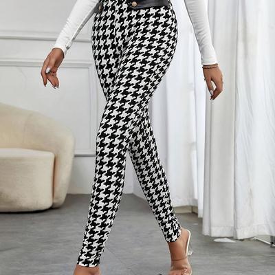 TEMU Houndstooth Print Slim Leg Pants, Casual High Waist Skinny Pants, Women's Clothing