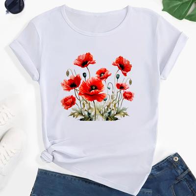 TEMU Flowers Print Sports T-shirt, Fashion Short Sleeve Round Neck Casual Top, Women's Activewear