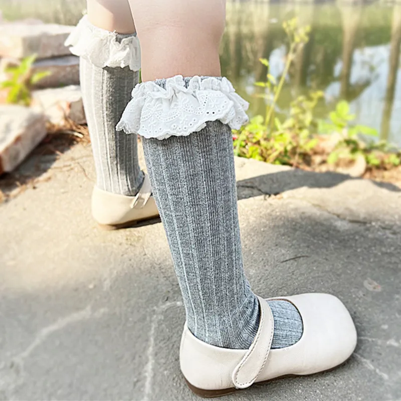 Baby Mädchen Kniehohe Rüschen Socken Weiche Baumwolle Kinder Spitze Rüschen Blume Nette Lange Socken Prinzessin Kinder Socken Für 0-5 jahre Image