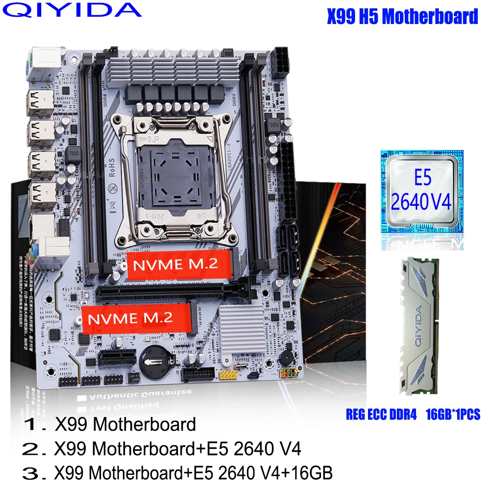 Qiyida x99 motherboard kit set lga 106-3 xeon e5 2011 v4 cpu ddr4 16gb pc4 reg ecc speicher nvme m.2 pci16x 3,0 M-ATX Image