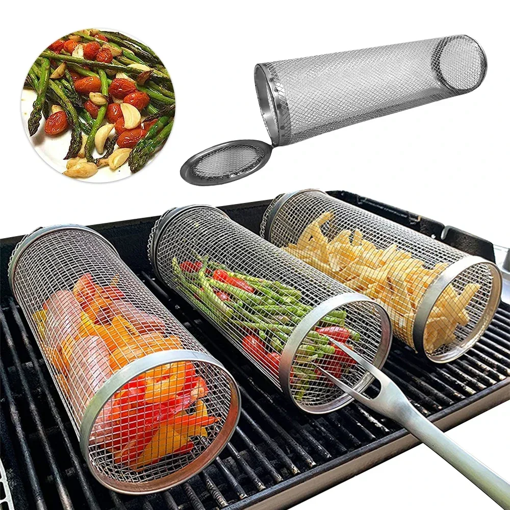 Runder Grillkorb aus Edelstahl, rollender Grillkorb, Drahtgeflecht, Zylinder, Grillkorb, tragbarer Outdoor-Camping-Grillständer