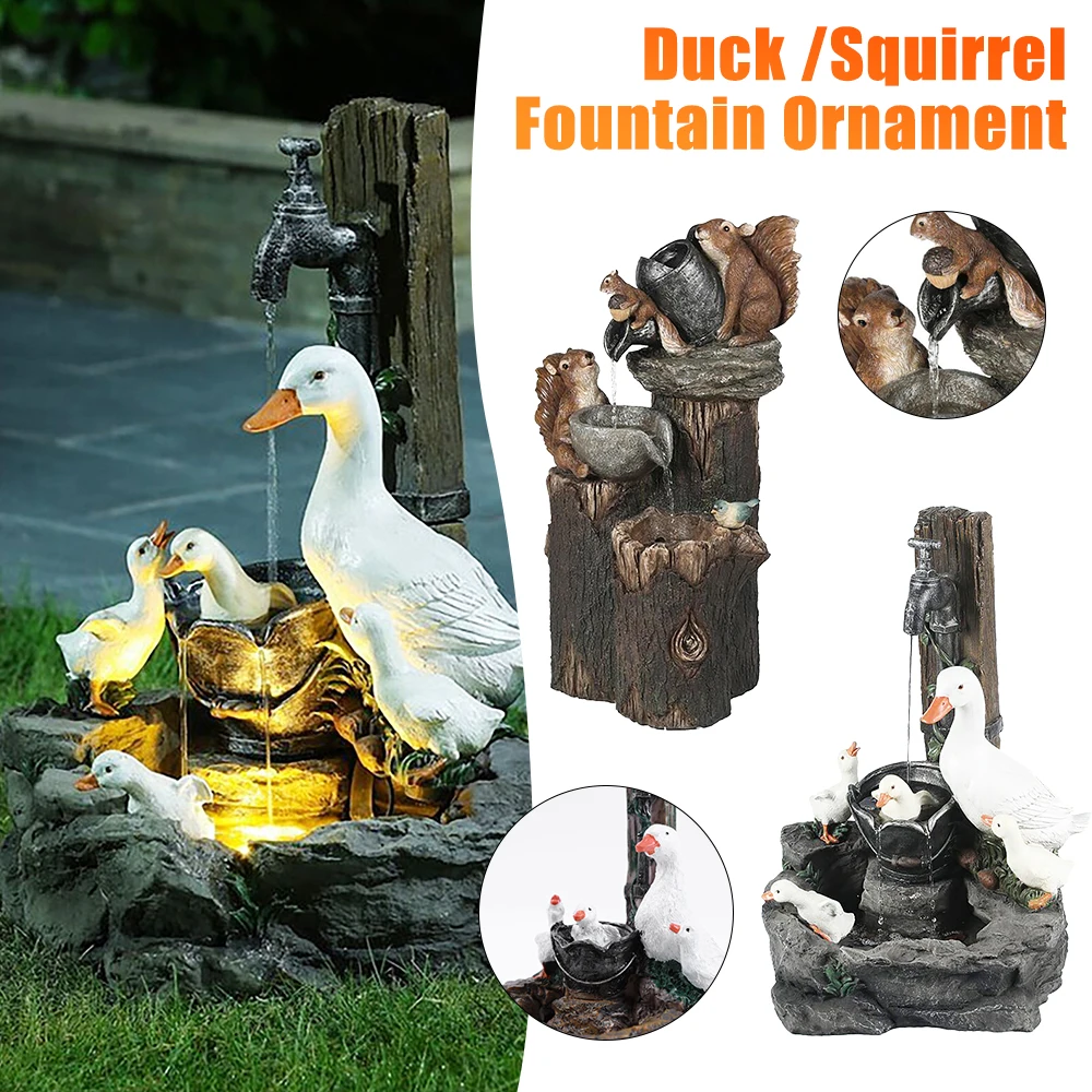 Ente Eichhörnchen Solar brunnen Ornament Garten Ente Familie kreative Statue Landschafts bau Dekor für Outdoor-Garten Garten Dekor
