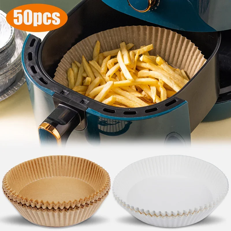 50 stücke Air Fryer Einweg Papier Liner 16 cm Antihaft-Matte Dampfer Runde Papier Backen Matten Küche AirFryer backen Zubehör Image