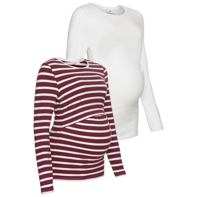 Umstandsshirt NEUN MONATE "2er Pack Shirts für Schwangerschaft und Stillzeit", Damen, Gr. 44/46, rot (weiß, bordeaux geringelt), Jersey, Obermaterial: 95% Baumwolle, 5% Elasthan, unifarben, geringelt, Basic, figurbetont hüftlang, Rundhals, Langarm...