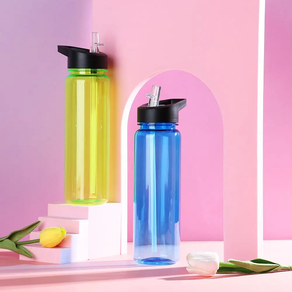 750 ml Sportwasserflasche mit Strohhalm, für den Außenbereich, Kunststoff, durchsichtig, für Fitnessstudio, Schule, Reisen, Camping, tragbarer, auslaufsicherer Trinkbecher Image