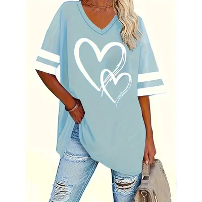 Plus Size Heart & Stripe Print T-Shirt Casual Short Sleeve Top For Spring & Summer Women's Plus Size Clothing