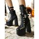 Women's Gothic Platform Lace-Up Boots with Buckle Straps and Chunky Heels – Statement Heeled Boots for Parties and Alternative Fashion