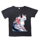 XYIJANI Blouses Girls Summer Loose Casual Trendy Cute Cat Printed Short Sleeve T Shirt Top Tops (Black 150)