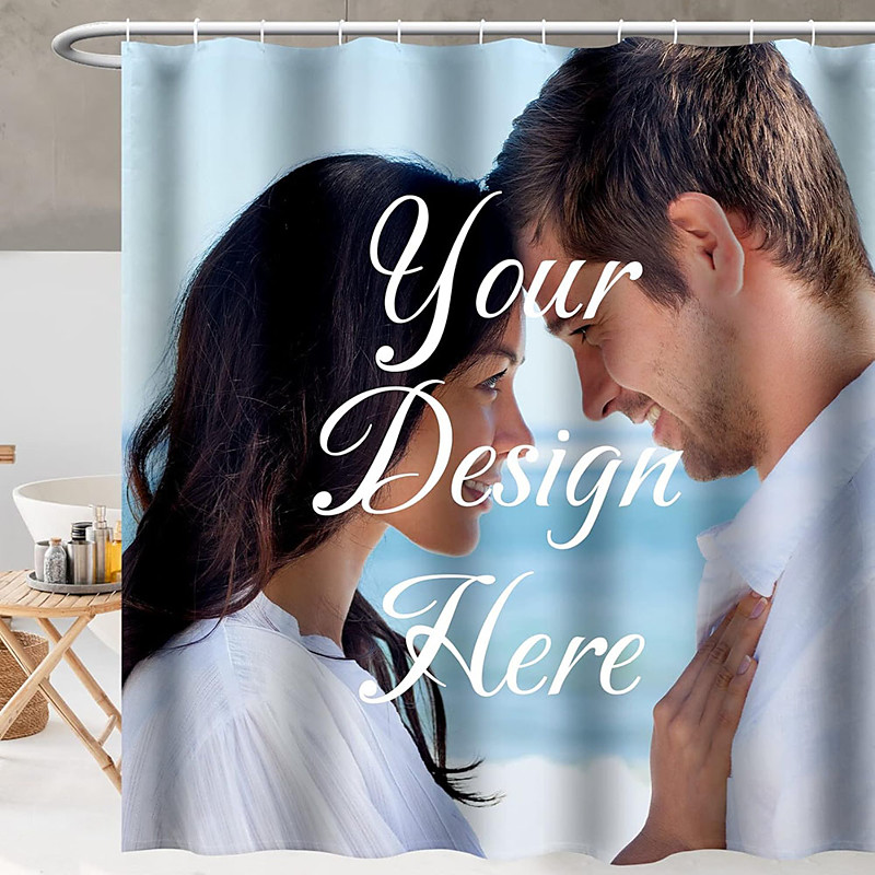 Personalized Photo Shower Curtain with 12 Hooks Custom Wedding Gift for Couple Bathroom Decor Fabric Waterproof Washable Upload Your Image Photo Picture for Bathroom Hotel