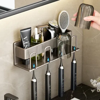 Toothbrush Holder Wall Mounted Mouthwash Cup Shelf No Drilling Adhesive Electric Toothbrush Holder