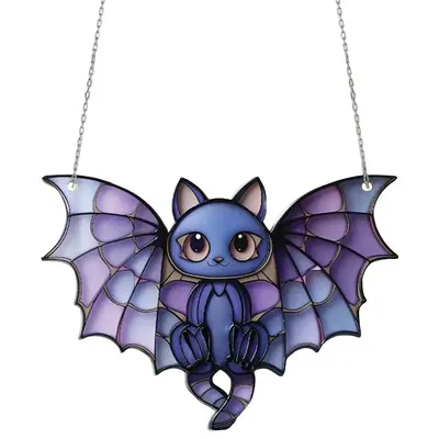 Halloween Bat Stained Glass Ornament Halloween Cat Bat Window Pendant Decor Vibrant Color Decoration