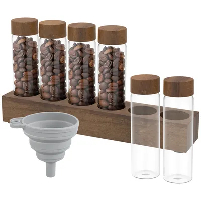 6 Hole Coffee Bean Storage Tube With Wooden Rack Sealed Coffee Bean Storage Jar Portable Coffee Bean