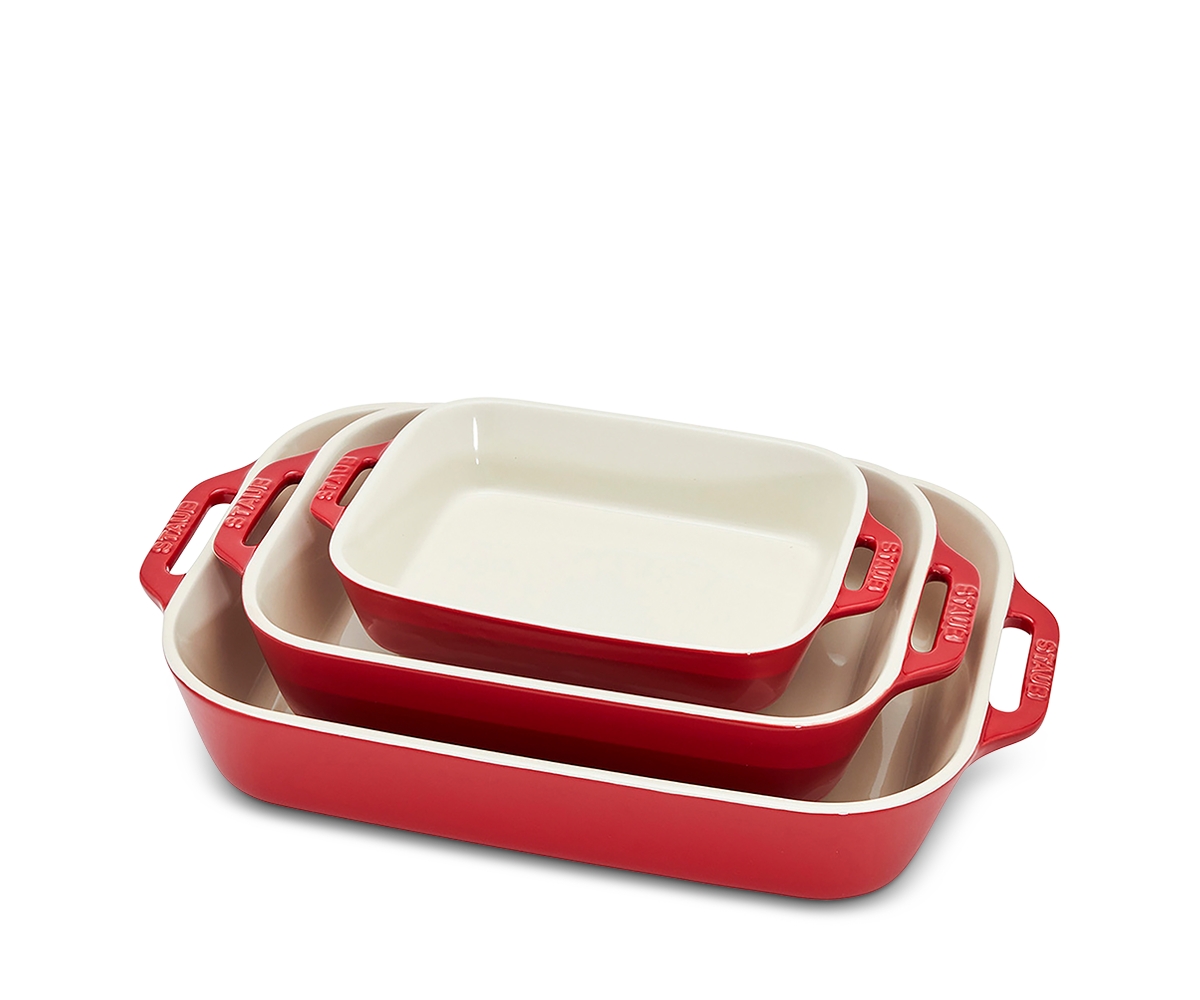Staub 3 Pc Rectangular Stoneware Bakers Set - Red
