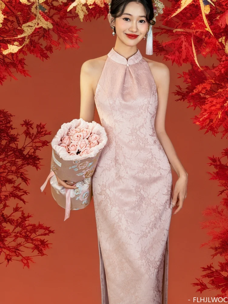 Wunderschöne chinesische Art Robe Cheong sam Kleid Hochzeit Bankett Braut elegante lange Schlitz Retro Vintage solide rosa ärmelloses Kleid